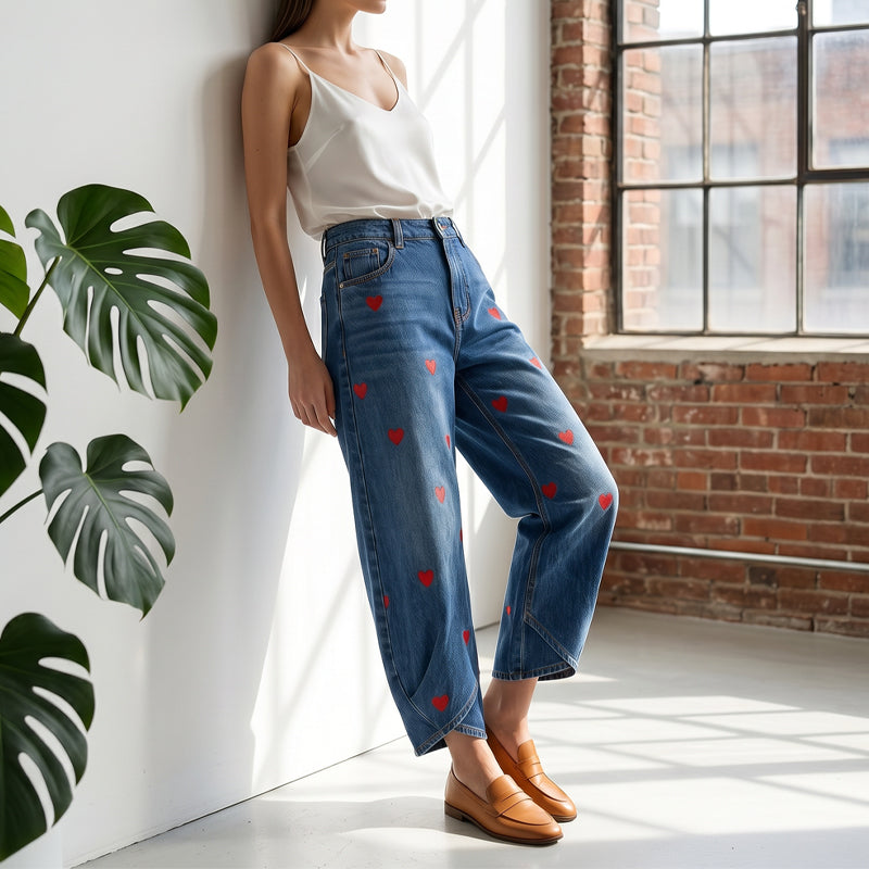 Women's Heart Print Barrel Leg Jeans