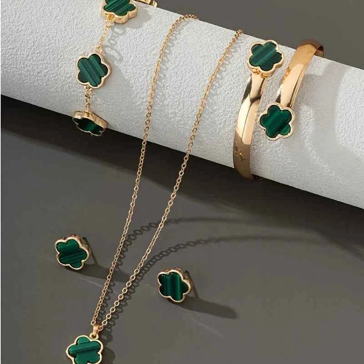 Three-Piece Clover Charm Pearlescent Pendant Necklace Set