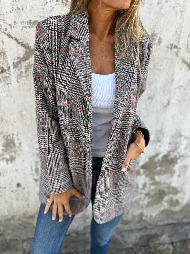Women's Oversized Check Pattern Blazer - Wool Blend with Flap Pockets Brown