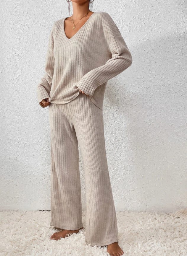 Women's Beige Ribbed Knit V Neck Sweater and Pants Lounge Set Beige