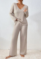 Women's Beige Ribbed Knit V Neck Sweater and Pants Lounge Set