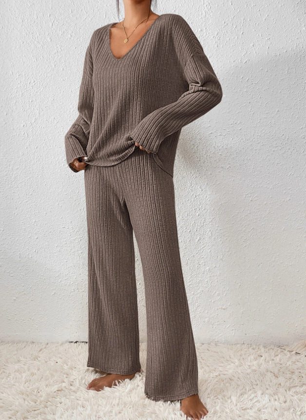 Women's Beige Ribbed Knit V Neck Sweater and Pants Lounge Set