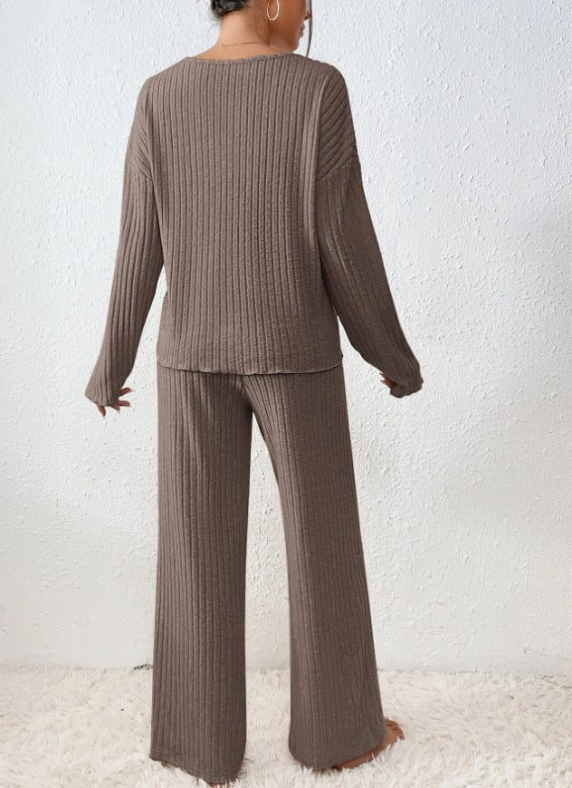 Women's Ribbed Knit Sweater Set with Long Sleeves and V-Neck