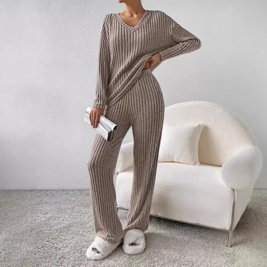 Women's Ribbed Knit Sweater Set with Long Sleeves and V-Neck Light Brown