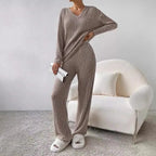 Women's Beige Ribbed Knit V Neck Sweater and Pants Lounge Set Light Brown