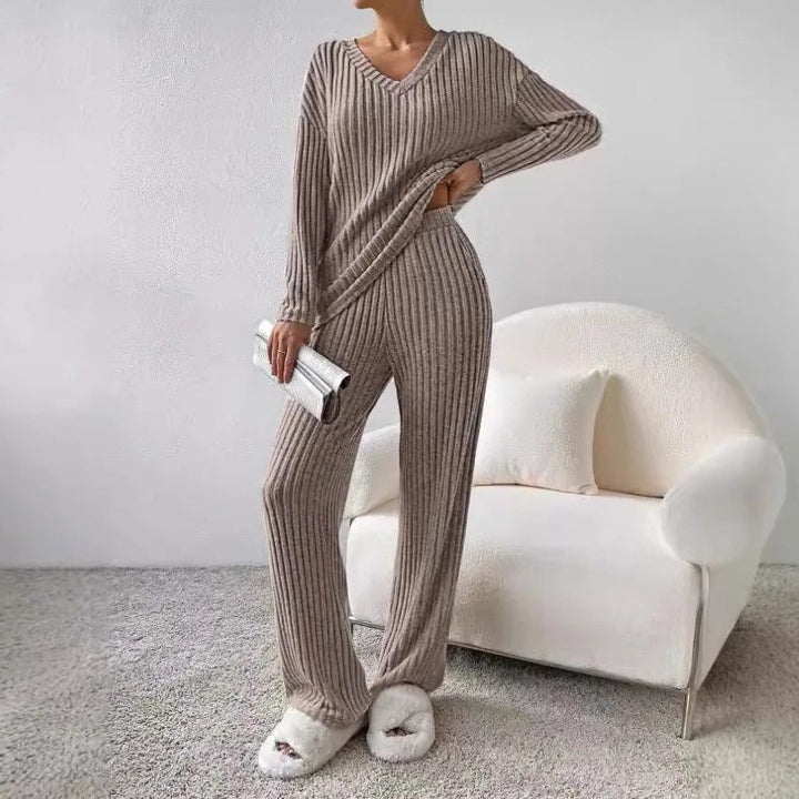 Women's Ribbed Knit Sweater Set with Long Sleeves and V-Neck Light Brown