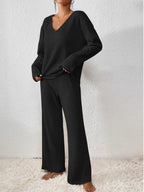 Women's Beige Ribbed Knit V Neck Sweater and Pants Lounge Set Black