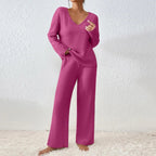 Women's Beige Ribbed Knit V Neck Sweater and Pants Lounge Set Pink