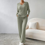 Women's Beige Ribbed Knit V Neck Sweater and Pants Lounge Set Olive Green