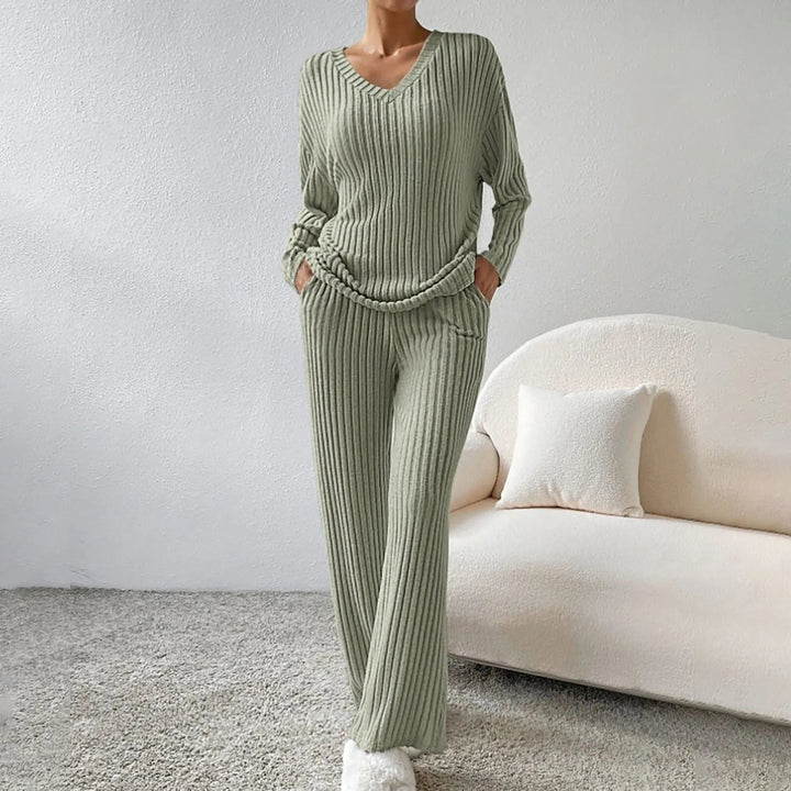 Women's Ribbed Knit Sweater Set with Long Sleeves and V-Neck Olive Green