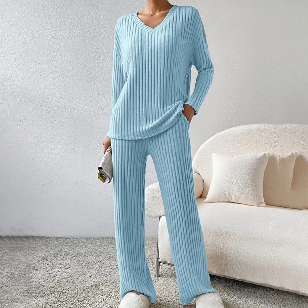 Women's Ribbed Knit Sweater Set with Long Sleeves and V-Neck Baby Blue