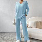Women's Beige Ribbed Knit V Neck Sweater and Pants Lounge Set Baby Blue