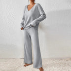 Women's Beige Ribbed Knit V Neck Sweater and Pants Lounge Set Gray