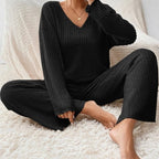 Women's Beige Ribbed Knit V Neck Sweater and Pants Lounge Set