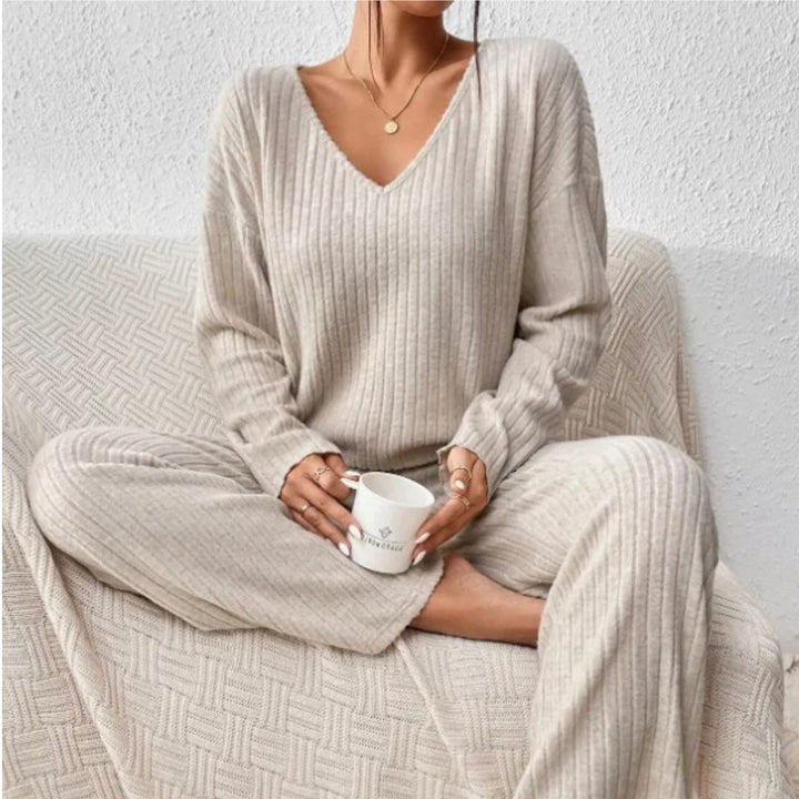 Women's Ribbed Knit Sweater Set with Long Sleeves and V-Neck