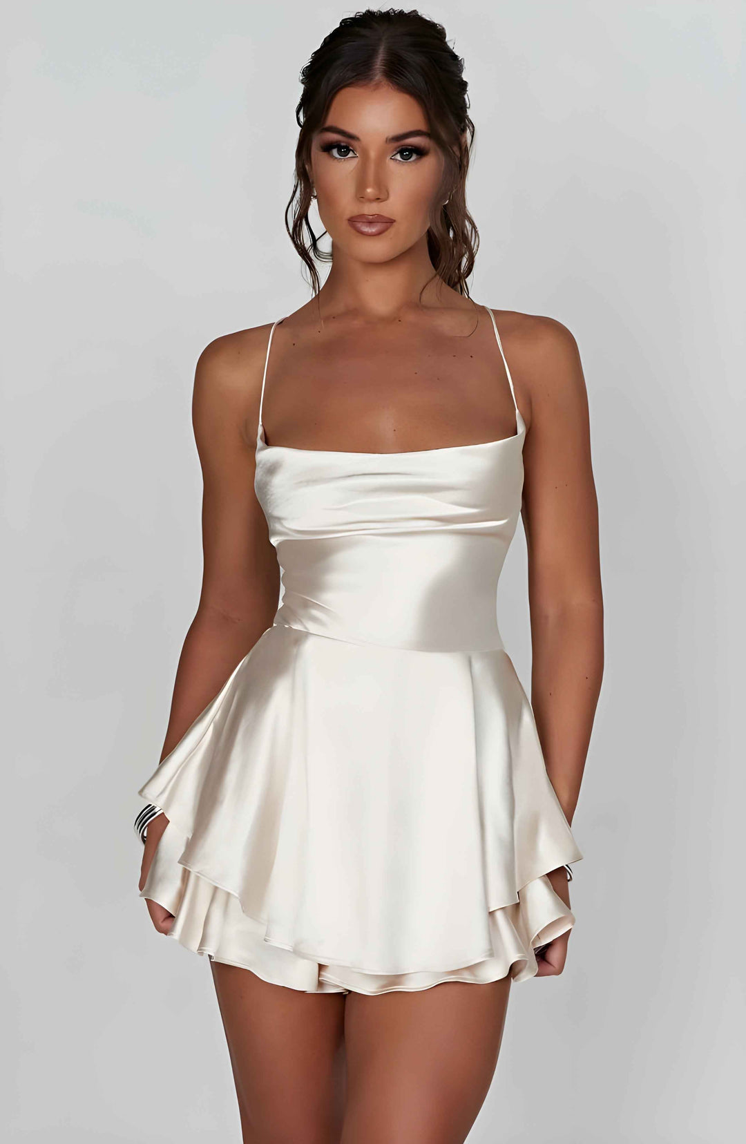 Women's A-Line Mini Dress – Satin Finish – Cowl Neck – Spaghetti Straps – Perfect for Parties White