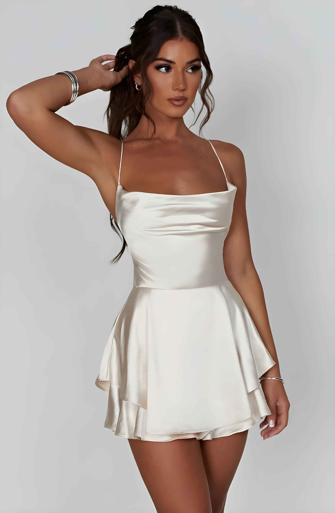 Women's A-Line Mini Dress – Satin Finish – Cowl Neck – Spaghetti Straps – Perfect for Parties