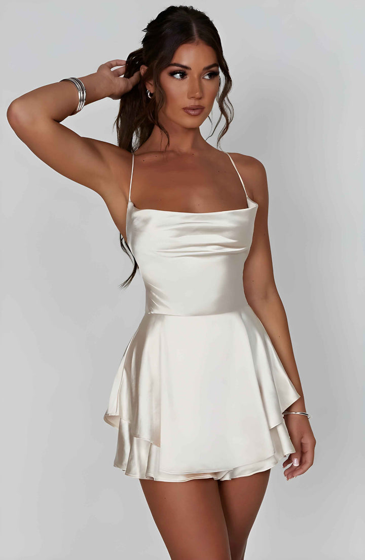 Women's A-Line Mini Dress – Satin Finish – Cowl Neck – Spaghetti Straps – Perfect for Parties