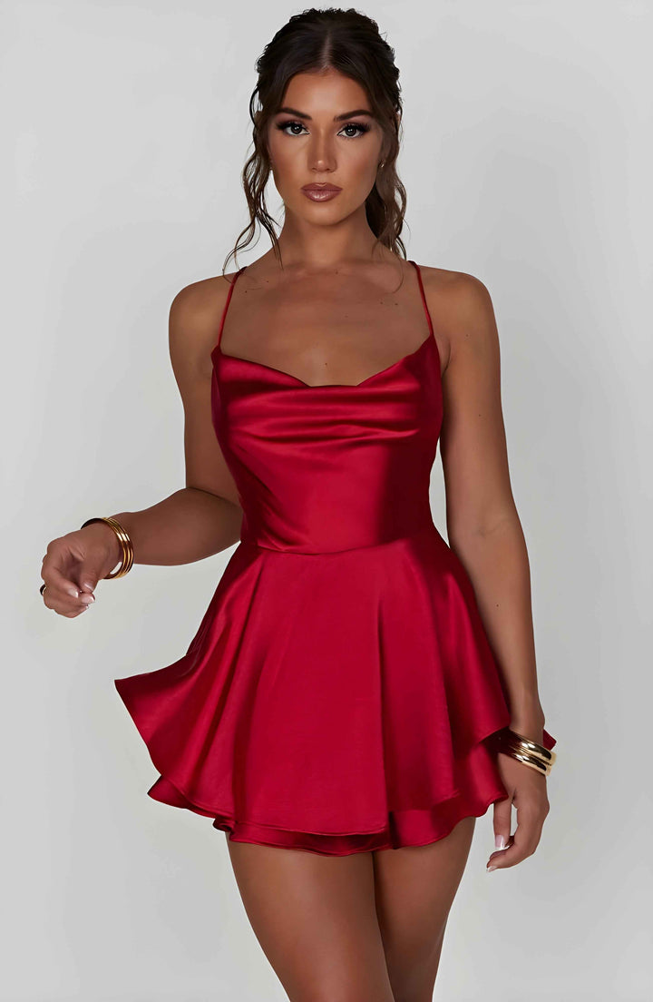 Women's A-Line Mini Dress – Satin Finish – Cowl Neck – Spaghetti Straps – Perfect for Parties Red