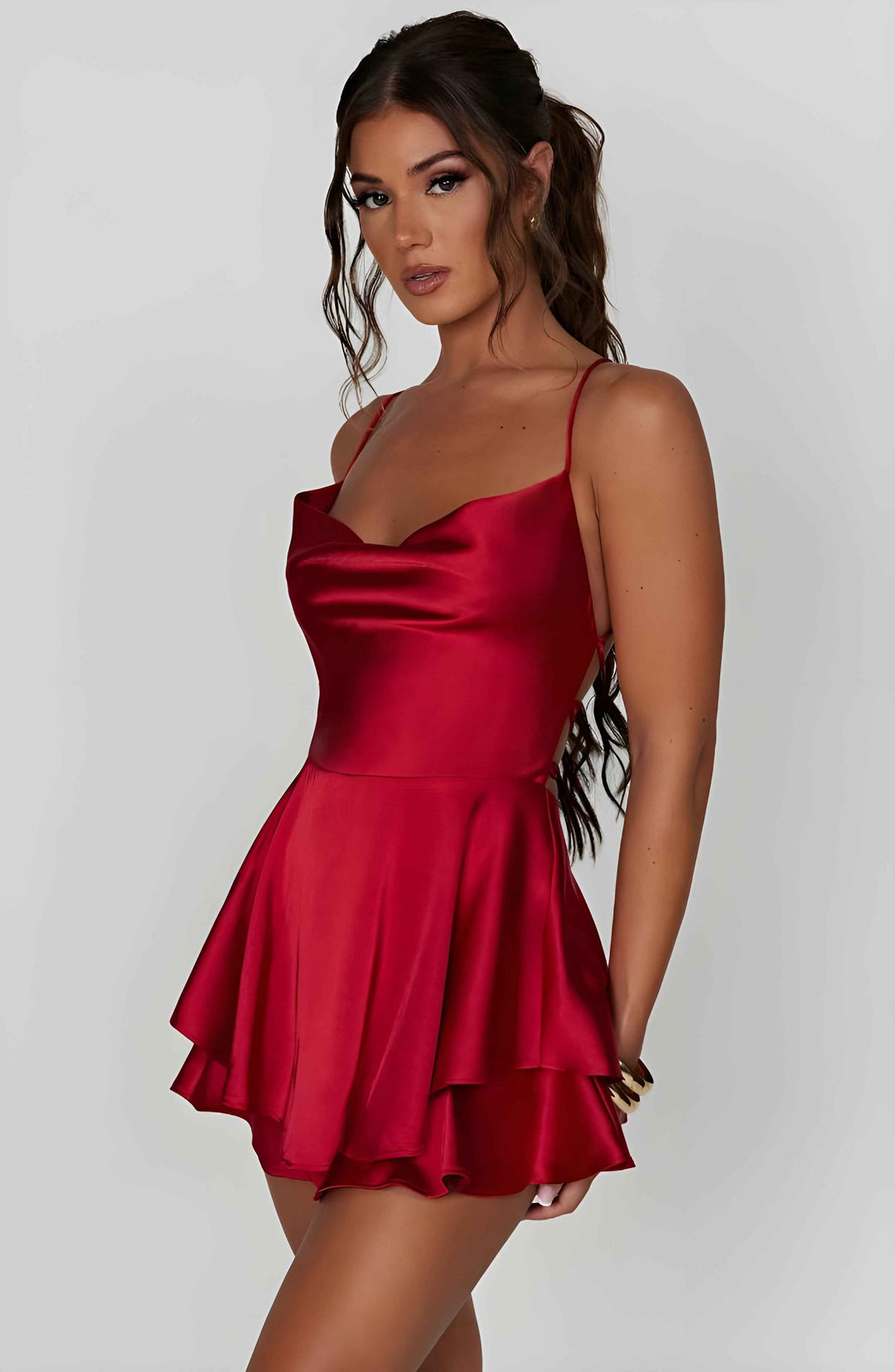 Women's A-Line Mini Dress – Satin Finish – Cowl Neck – Spaghetti Straps – Perfect for Parties