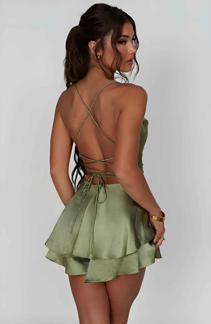 Women's A-Line Mini Dress – Satin Finish – Cowl Neck – Spaghetti Straps – Perfect for Parties