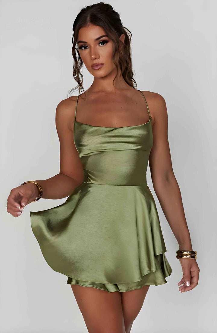 Women's A-Line Mini Dress – Satin Finish – Cowl Neck – Spaghetti Straps – Perfect for Parties Green