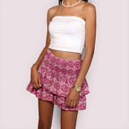 Women's Boho Print Mini Skirt - Layered Ruffles & Elastic Waist - Comfortable Fit