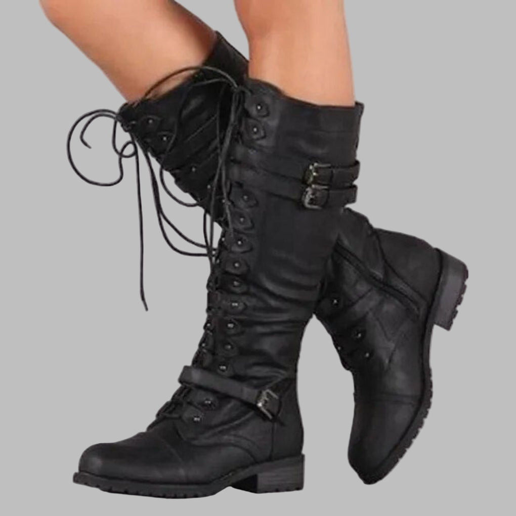 Women's Lace-Up Combat Boots with Buckle Design Black