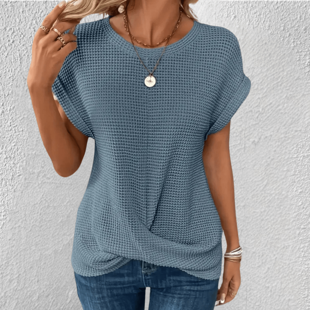 Amber | Women's Twist Front Waffle Knit Top Blue