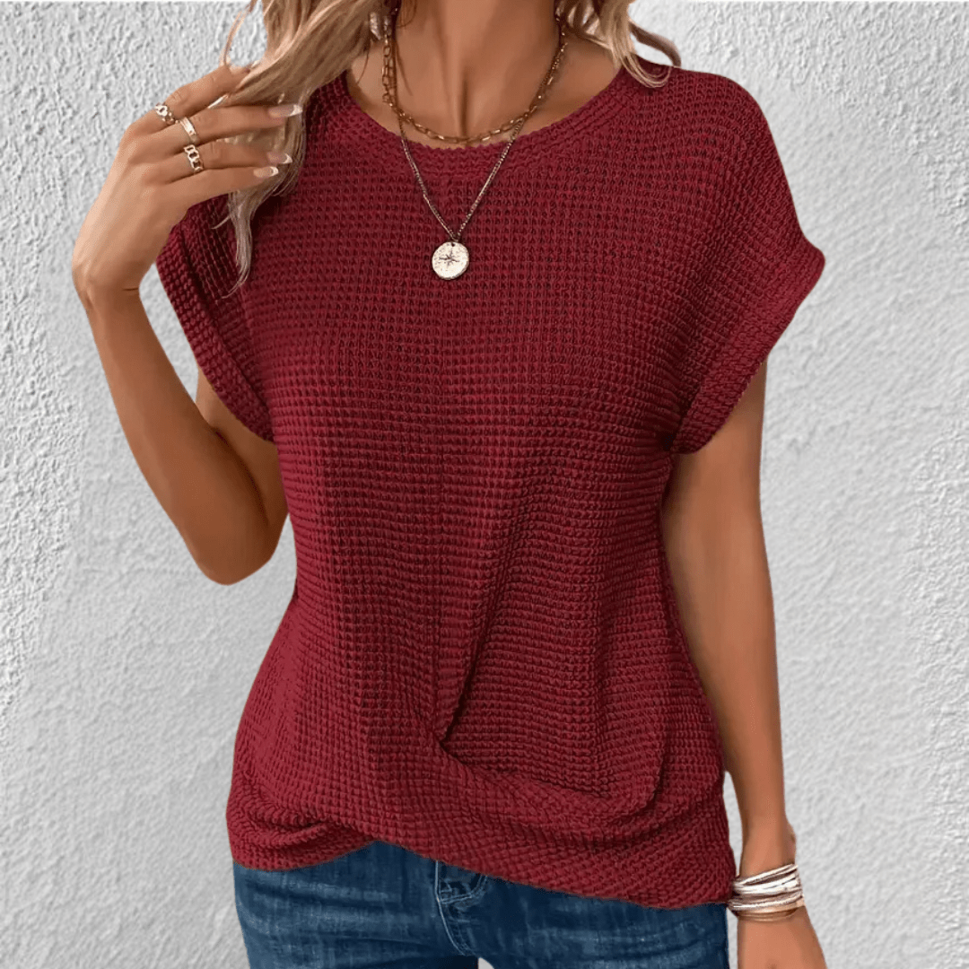 Amber | Women's Twist Front Waffle Knit Top Red