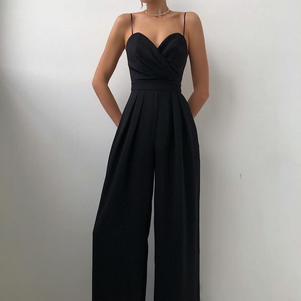 Women's Elegant V-Neck Wrap Jumpsuit with Spaghetti Straps and Wide Legs Black