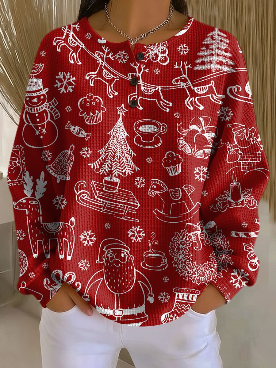 Women's Christmas Print Fleece Sweater Red