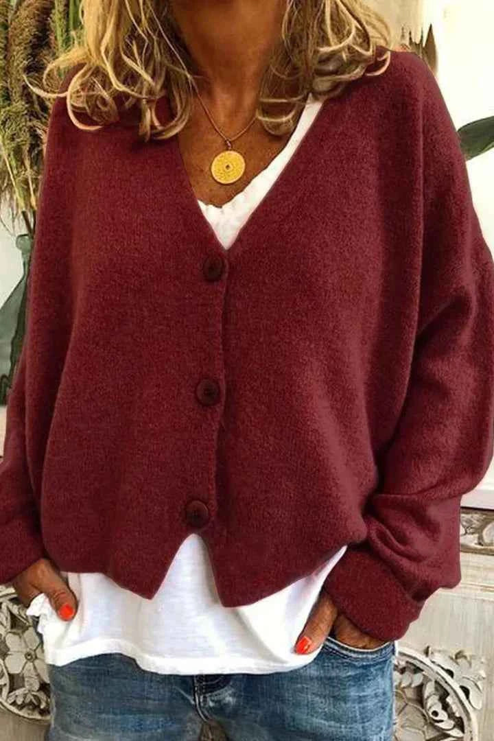 Women's Relaxed Fit V-Neck Cardigan with Buttons - Comfortable Casual Layer Red