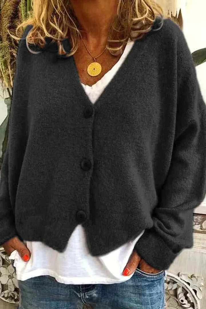 Women's Relaxed Fit V-Neck Cardigan with Buttons - Comfortable Casual Layer Black