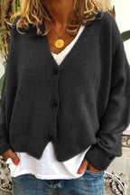Women's Relaxed Fit V-Neck Cardigan with Buttons - Comfortable Casual Layer Black