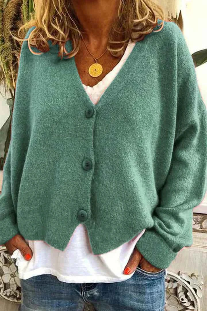 Women's Relaxed Fit V-Neck Cardigan with Buttons - Comfortable Casual Layer Green