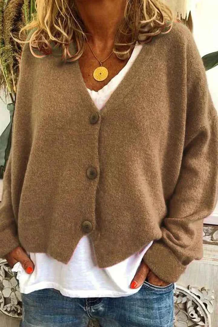 Women's Relaxed Fit V-Neck Cardigan with Buttons - Comfortable Casual Layer Brown