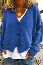 Women's Relaxed Fit V-Neck Cardigan with Buttons - Comfortable Casual Layer Blue
