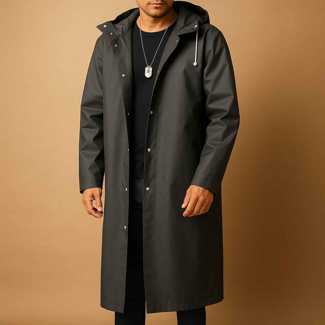 Men's Long Hooded Snap-Button Waterproof Rain Jacket