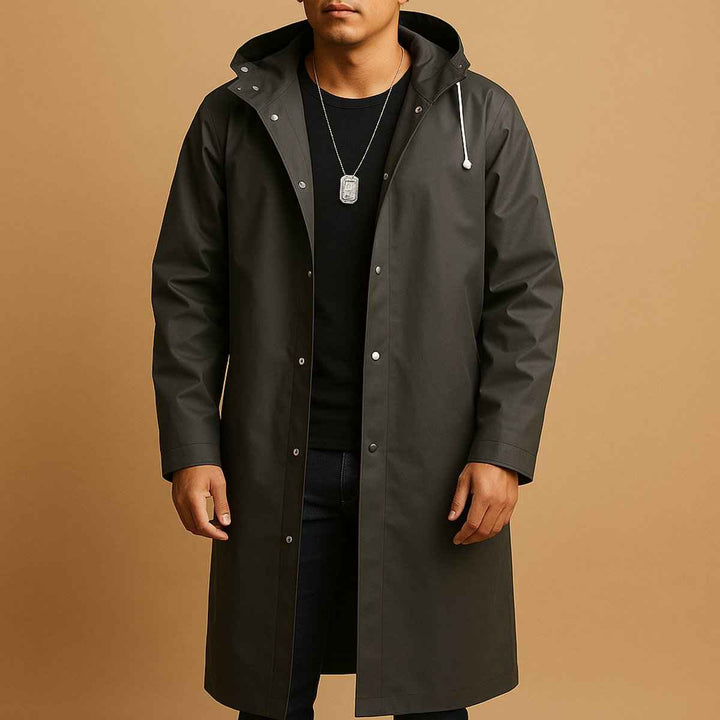 Men's Long Hooded Snap-Button Waterproof Rain Jacket