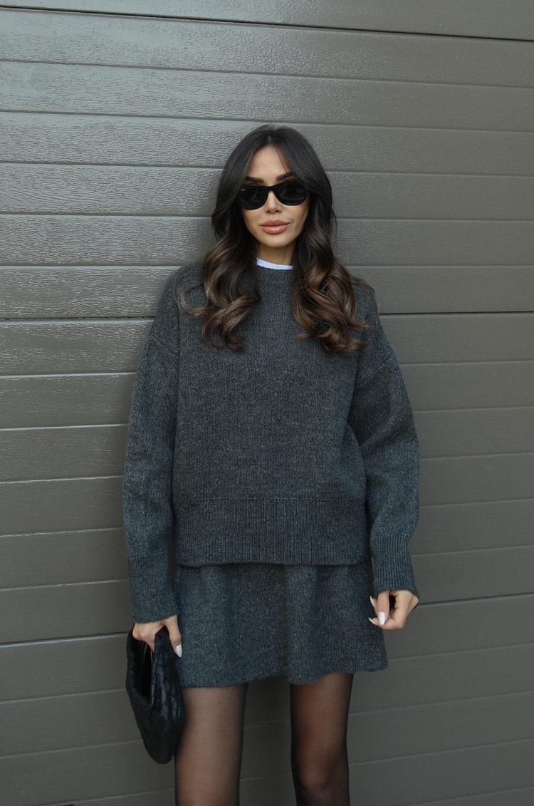 Violet | Women's Knitted Top and Skirt Set Gray