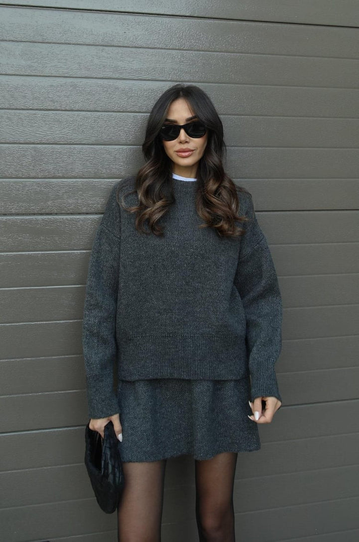 Violet | Women's Knitted Top and Skirt Set Gray