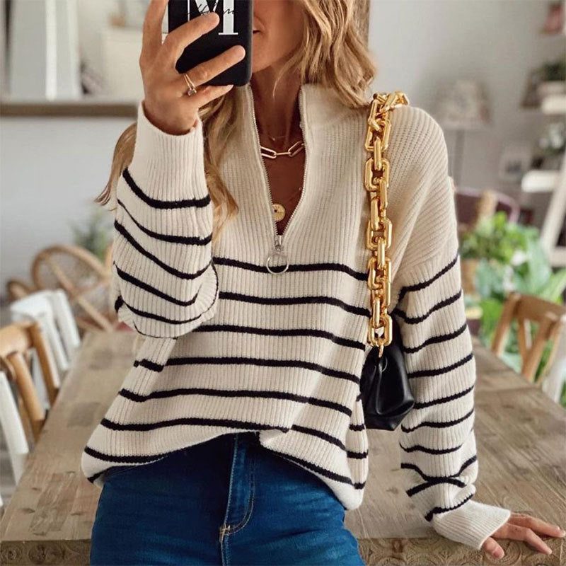 Women's Striped Ribbed Knit Half-Zip Sweater Beige