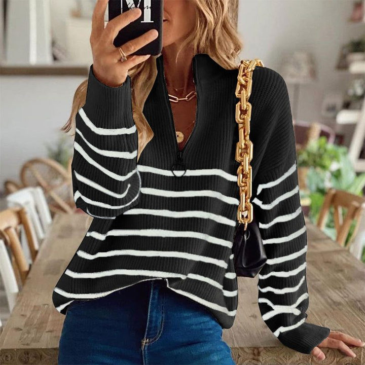 Women's Striped Ribbed Knit Half-Zip Sweater Black