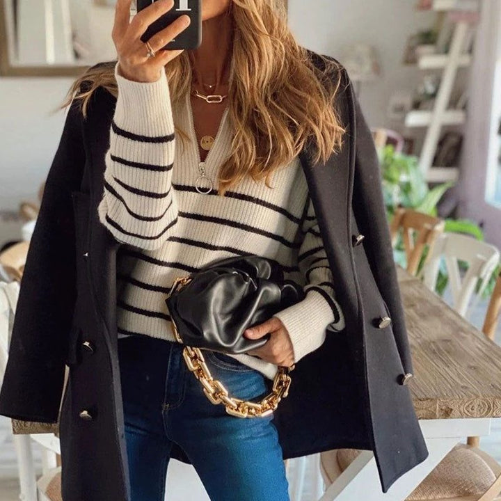 Women's Striped Ribbed Knit Half-Zip Sweater