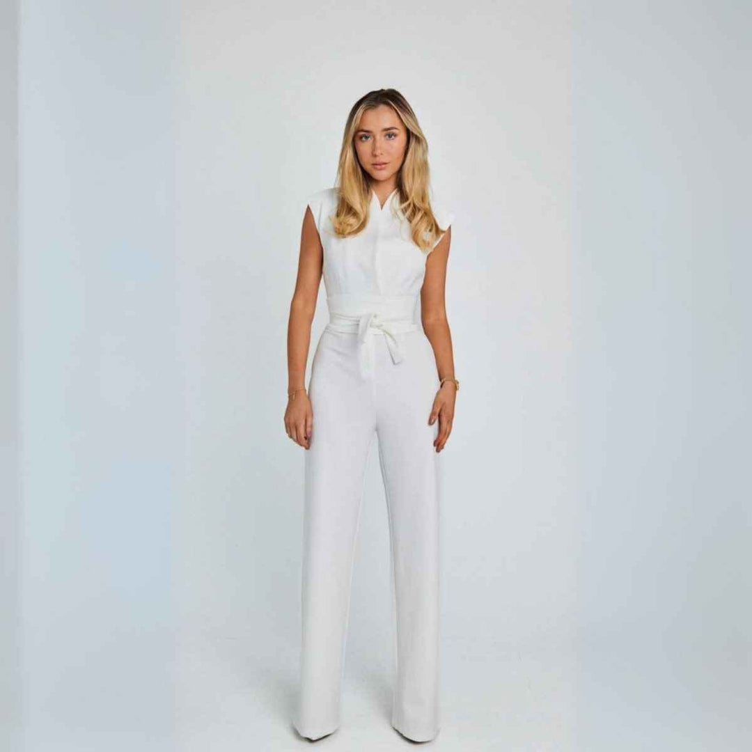 Women's Elegant Sleeveless High Neck Fitted Wide Leg Jumpsuit White