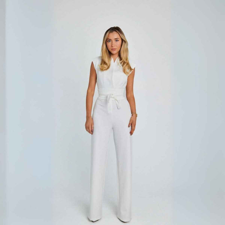 Women's Elegant Sleeveless High Neck Fitted Wide Leg Jumpsuit White