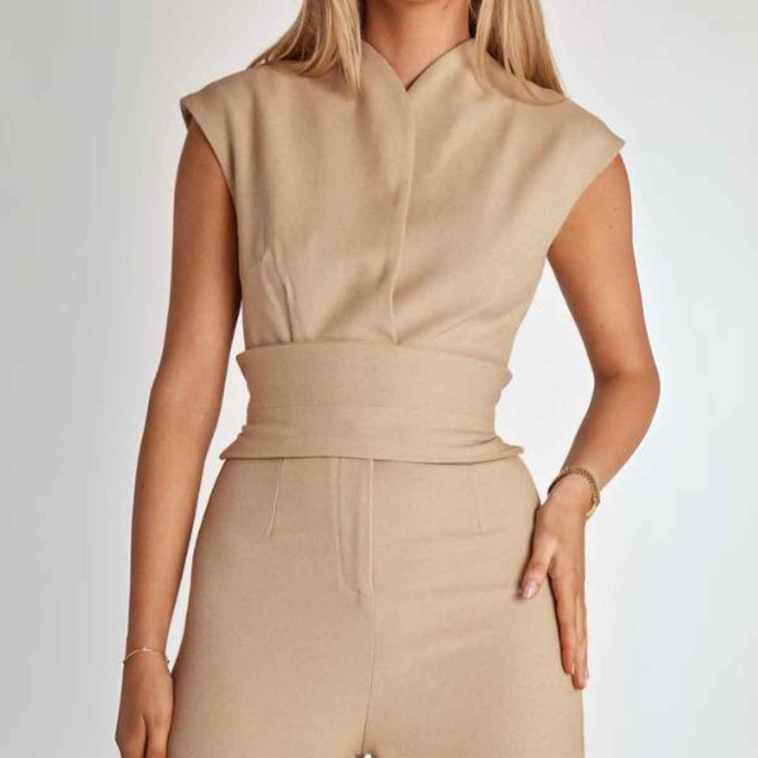Women's Elegant Sleeveless High Neck Fitted Wide Leg Jumpsuit