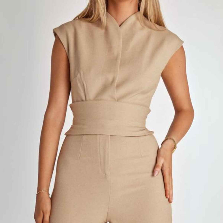Women's Elegant Sleeveless High Neck Fitted Wide Leg Jumpsuit