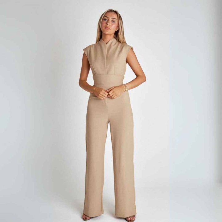 Women's Elegant Sleeveless High Neck Fitted Wide Leg Jumpsuit Beige